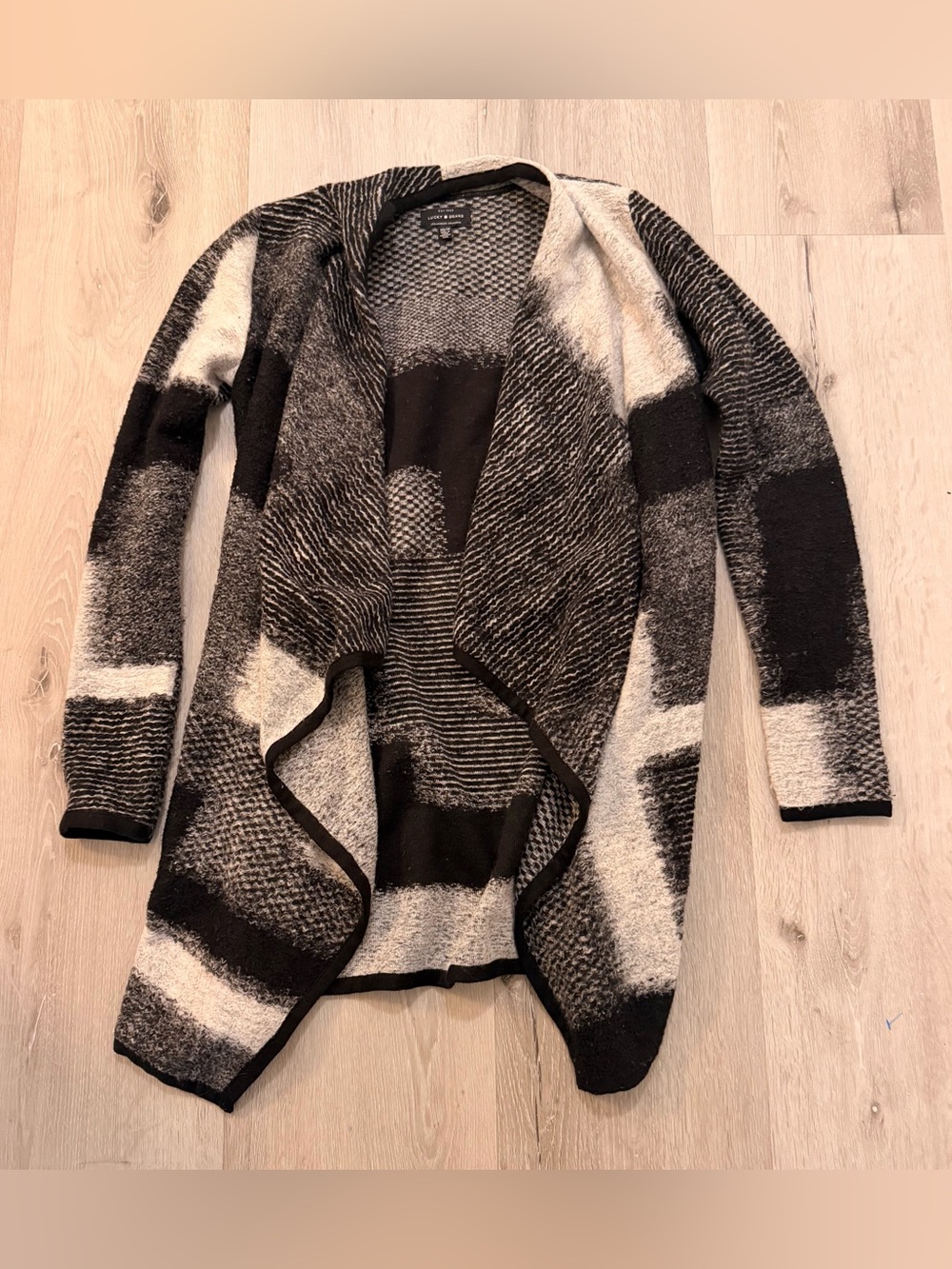 Lucky Brand Boucle Knit Waterfall Cardigan Plaid Geometric Open Front XS